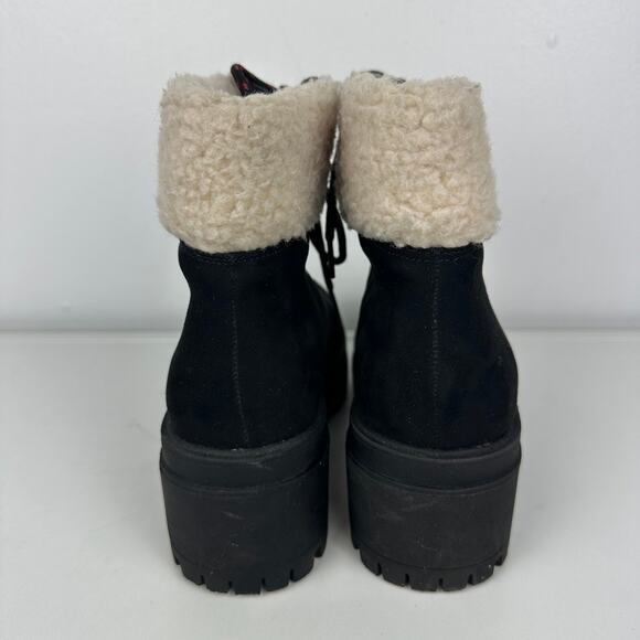 Forever 21 Womens Lace-Up Chunky Heel Fleece Faux Suede Black/Beige Booties 6 - Picture 4 of 10